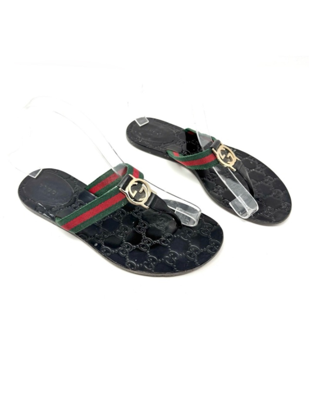 Gucci Interlocking GG Web Stripe Leather Thong Flat Sandal Slides EU 38.5